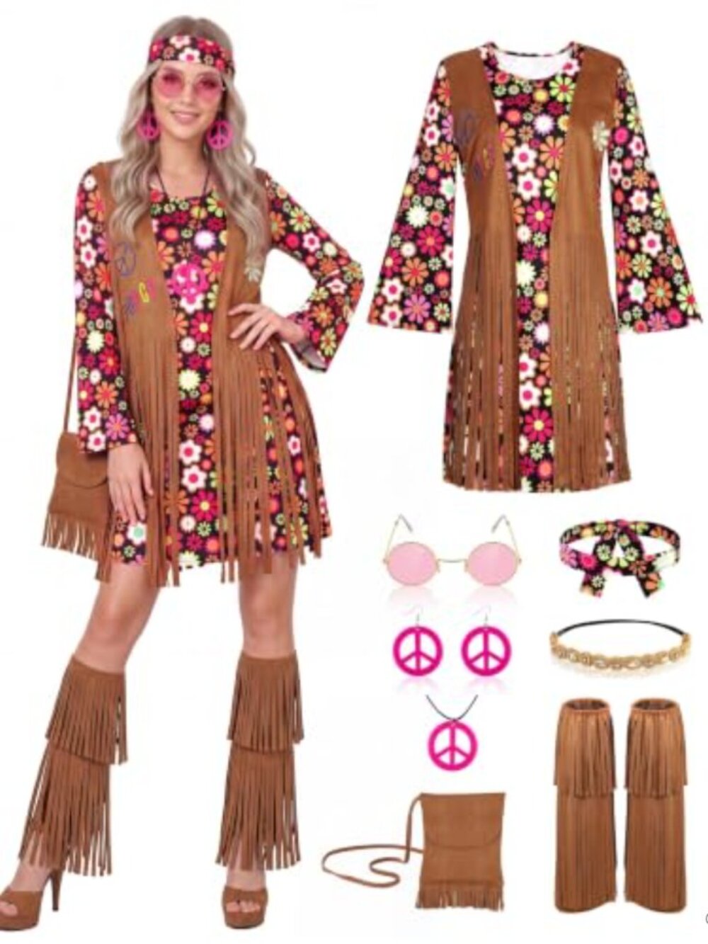 8 Pc 70s Hippie Disco Costume Set Suede Tassel Dress Leg Sleeves Headband Bag